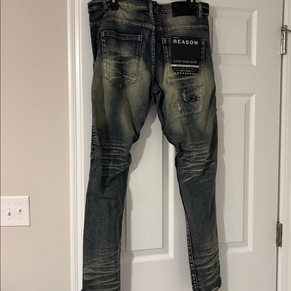 Reason Men's Distressed Blue Denim Jeans - Picture 9 of 9